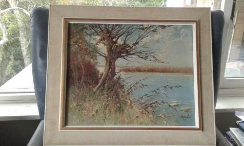 Landscape Lake Oil Painting By Well Known Dutch Painter Peter Cox In Mid Century Frame Marked