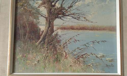Landscape Lake Oil Painting By Well Known Dutch Painter Peter Cox In Mid Century Frame Marked