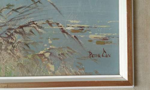 Landscape Lake Oil Painting By Well Known Dutch Painter Peter Cox In Mid Century Frame Marked