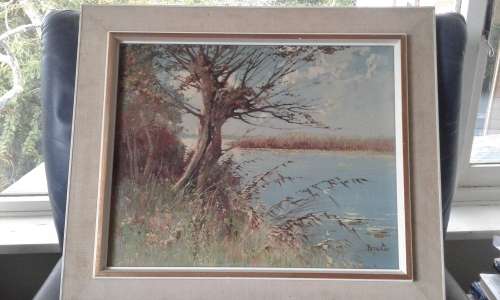 Landscape Lake Oil Painting By Well Known Dutch Painter Peter Cox In Mid Century Frame Marked