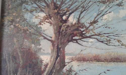 Landscape Lake Oil Painting By Well Known Dutch Painter Peter Cox In Mid Century Frame Marked