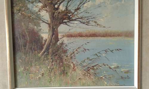 Landscape Lake Oil Painting By Well Known Dutch Painter Peter Cox In Mid Century Frame Marked