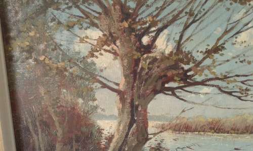 Landscape Lake Oil Painting By Well Known Dutch Painter Peter Cox In Mid Century Frame Marked
