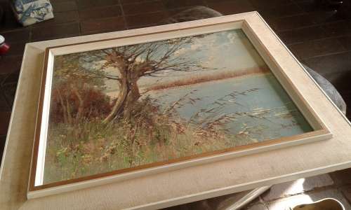 Landscape Lake Oil Painting By Well Known Dutch Painter Peter Cox In Mid Century Frame Marked