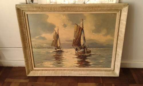 Vintage Large Ship Sailboat Nautical Framed Print Mid Century Modern