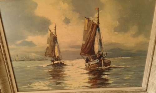 Vintage Large Ship Sailboat Nautical Framed Print Mid Century Modern
