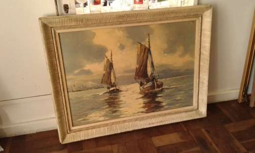 Vintage Large Ship Sailboat Nautical Framed Print Mid Century Modern