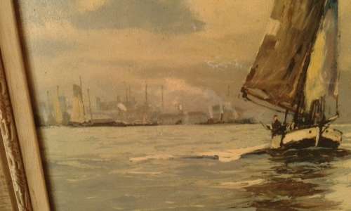 Vintage Large Ship Sailboat Nautical Framed Print Mid Century Modern