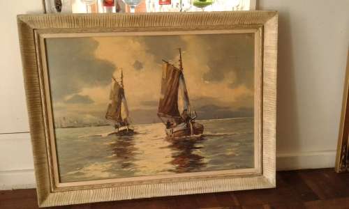 Vintage Large Ship Sailboat Nautical Framed Print Mid Century Modern