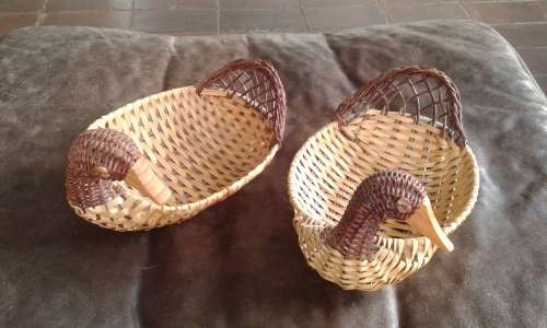 2 Vintage Mid Century Modern Woven Wicker Duck Snack Baskets