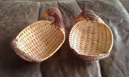 2 Vintage Mid Century Modern Woven Wicker Duck Snack Baskets