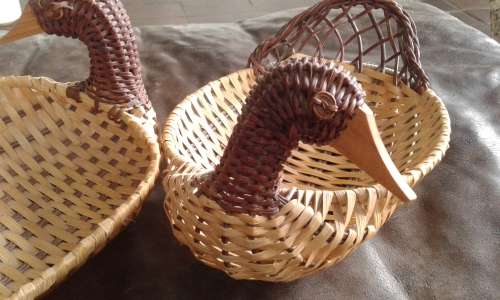 2 Vintage Mid Century Modern Woven Wicker Duck Snack Baskets