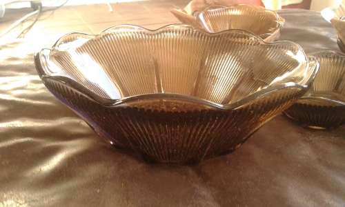 Vintage Anchor Nicking Spicy Brown 8 Pieces Glass Bowls Berry Set Made In USA Original Box