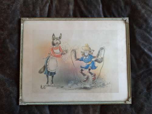 Original Vintage Wolves Print By Thomas Ochse HONIBALL 1981 Beveled Metal Glass Frame Adoons-Hulle