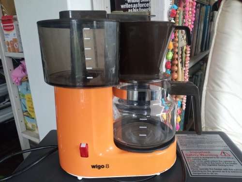 Vintage Wigo 8 Small Compact MCM Coffee Maker In Classic Brown Orange Retro Colors