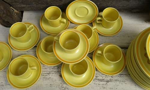 Spectacular Vintage Nikko Japanese Mid Century Modern Yellow Flower Dinner Coffee Set Red Enamel