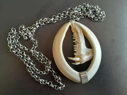 Large Handcrafted Warthog Bone Tusks And Fish Teeth Jaw Bone Pendant Sterling Silver