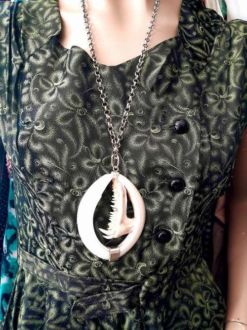Large Handcrafted Warthog Bone Tusks And Fish Teeth Jaw Bone Pendant Sterling Silver