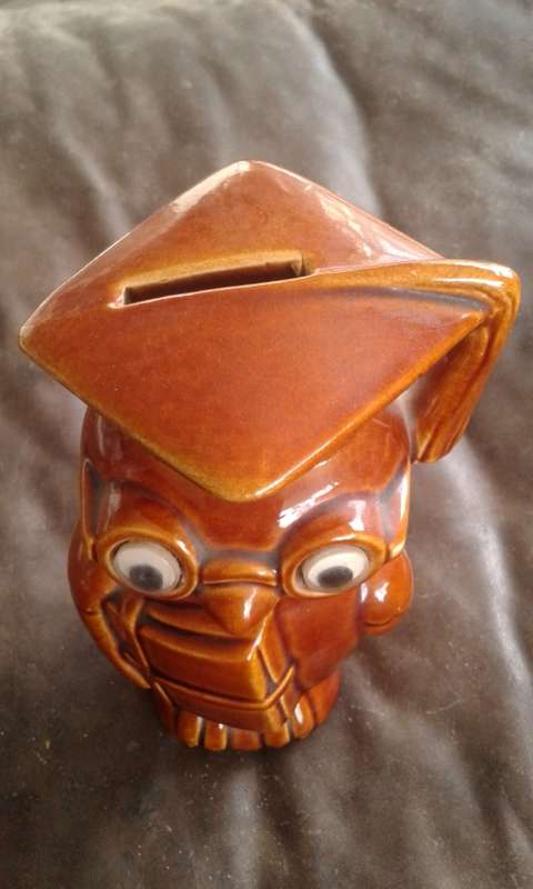 Vintage Ceramic Scholar Owl Money Bank Piggy Bank Movable Eyes England