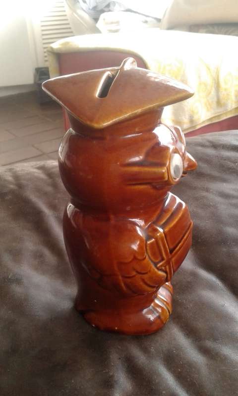 Vintage Ceramic Scholar Owl Money Bank Piggy Bank Movable Eyes England