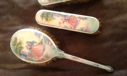 Antique Victorian Vanity Handpainted Porcelain Aluminum And Wood Horse Hair Brush Set