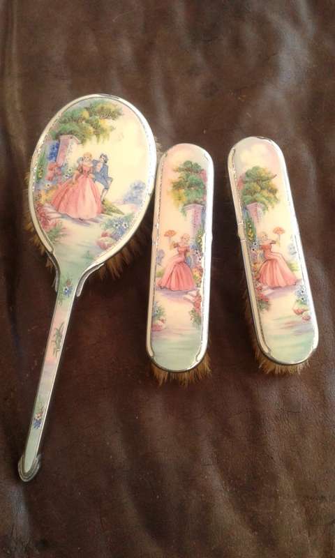 Antique Victorian Vanity Handpainted Porcelain Aluminum And Wood Horse Hair Brush Set