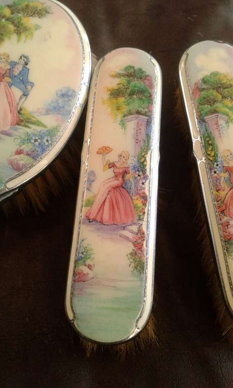 Antique Victorian Vanity Handpainted Porcelain Aluminum And Wood Horse Hair Brush Set