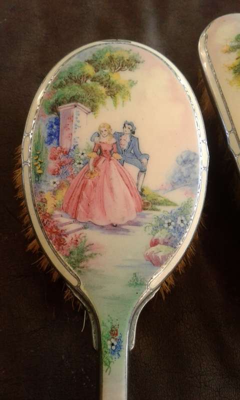 Antique Victorian Vanity Handpainted Porcelain Aluminum And Wood Horse Hair Brush Set