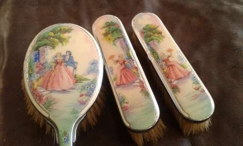 Antique Victorian Vanity Handpainted Porcelain Aluminum And Wood Horse Hair Brush Set