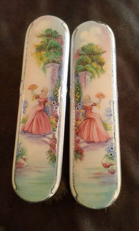 Antique Victorian Vanity Handpainted Porcelain Aluminum And Wood Horse Hair Brush Set