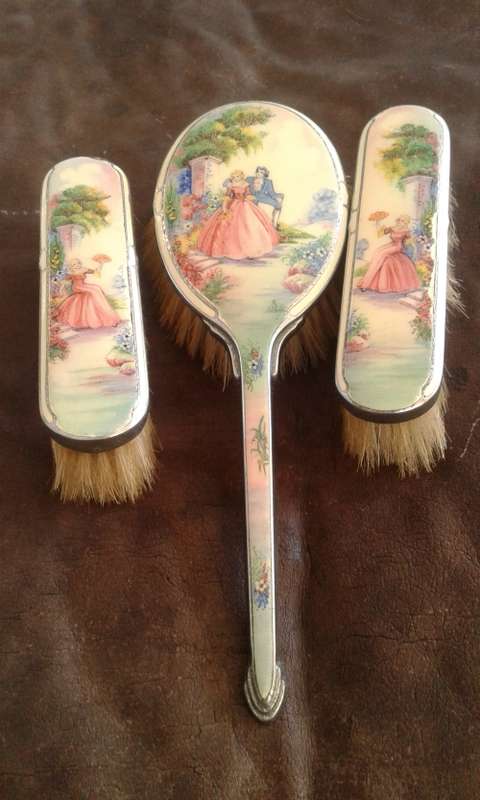 Antique Victorian Vanity Handpainted Porcelain Aluminum And Wood Horse Hair Brush Set
