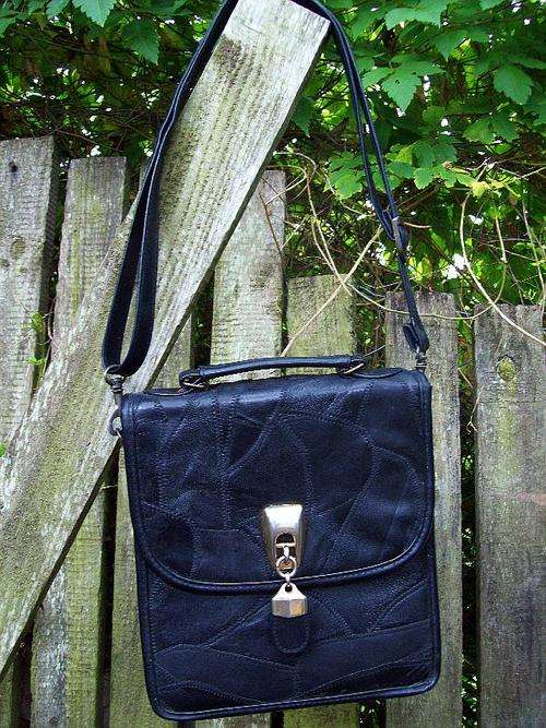 Gorgeous Genuine black leather vintage patchwork bag in 1970's style