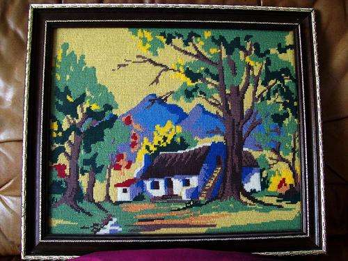 BEAUTIFUL TAPESTRY WALL PICTURE OF AN AFRICAN FARM FRAMED UNDER GLASS