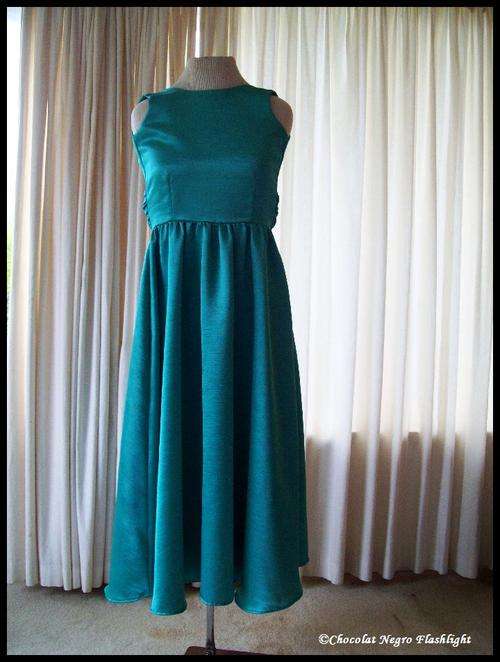 HAND SEWN 1950 FEMININE AND ROMANTIC " AQUAMARINE "  VINTAGE SATIN EVENING VINTAGE GOWN, SIZE 34