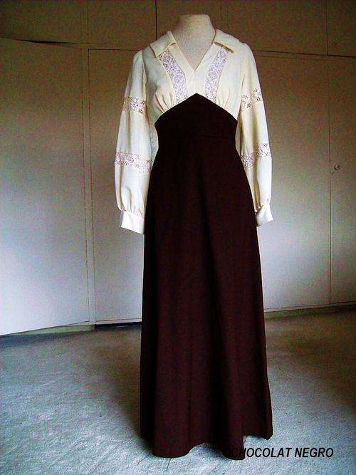 VINTAGE 1960 LONG DESIGNER EVENING DRESS, LONG BROWN SKIRT WITH WHITE LACE TOP