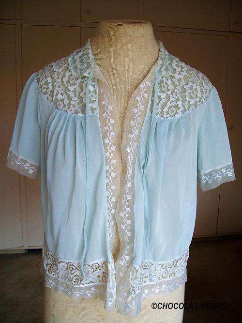 BABY BLUE 1960 VINTAGE CHIFFON CAMISOLE OR BED JACKET WITH WHITE LACE