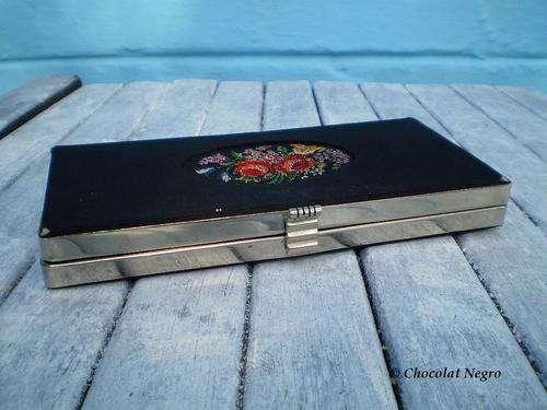 1950 AUSTRIAN " PETIT POINT " EVENING OR THEATER EMBROIDERY CLUTCH, FLOWER MOTIF, BLACK BACKGROUND