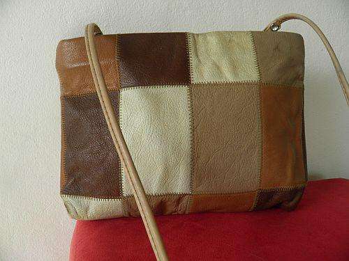 VERY CUTE VINTAGE GENUINE LEATHER PATCHWORK HANDBAG IN DIFFERENT SHADES OF BROWN