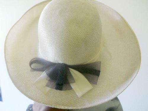 White Vintage Summer Hat with Blue Chiffon Ribbon