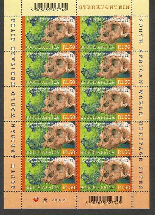 RSA SACC 1282 ** Mint Full Sheet of Sterkfontein Skull - very scares!!!