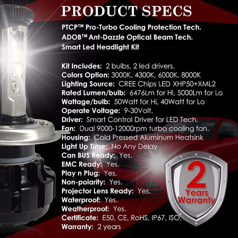 CNSUNNYLIGHT Super Bright Car LED Headlight Kit H4 H13 9007 Hi/Lo H7 H11 9005 9006 w/ XHP50 Chips