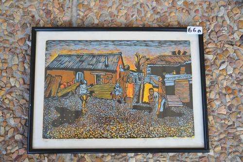 famous S.A.artist Vuyisani MGIJIMA colored linocut "free the children" 15 of 20,signed