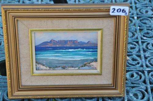 gorgeous oil board of table bay ,signed by artist in beautiful frame