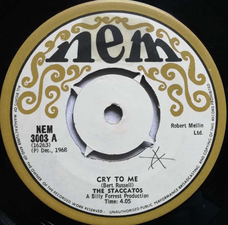 THE STACCATOS - CRY TO ME / WHY CARE ABOUT TODAY - 7" VINYL