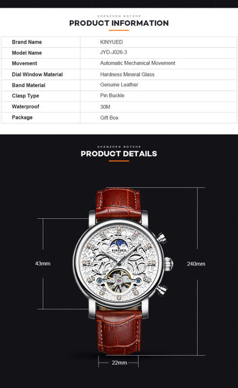 KINYUED J026-3 Stainless Steel Leather Watch Waterproof Wristwatch
