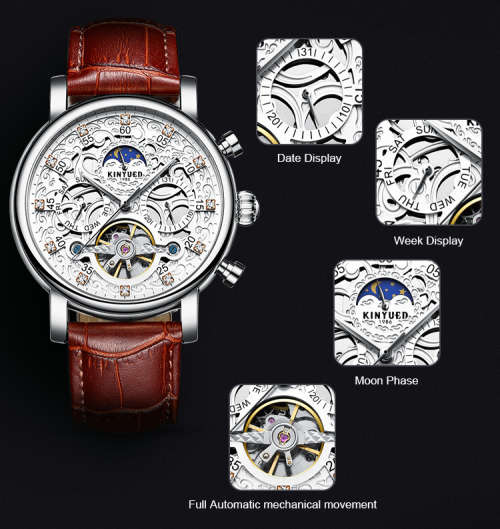 KINYUED J026-3 Stainless Steel Leather Watch Waterproof Wristwatch