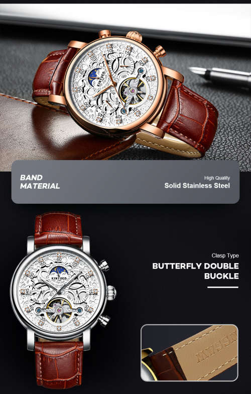 KINYUED J026-3 Stainless Steel Leather Watch Waterproof Wristwatch