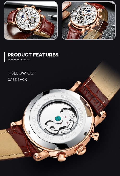 KINYUED J026-3 Stainless Steel Leather Watch Waterproof Wristwatch
