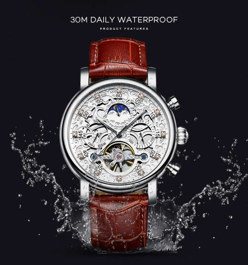 KINYUED J026-3 Stainless Steel Leather Watch Waterproof Wristwatch