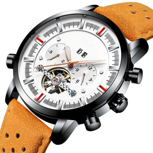 KINYUED J019-3 Private Label Gold Case Genuine Leather Auto Date Skeleton Tourbillon Automatic Mecha